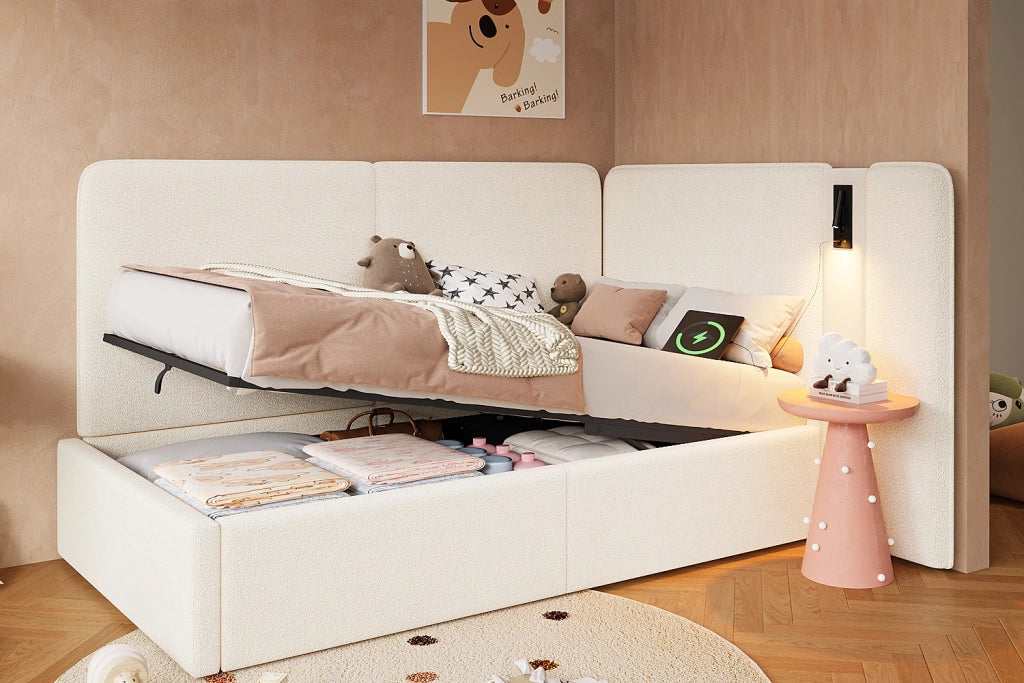 DESMIU Divano letto 90 × 200 cm 1 posto con vano contenitore idraulico, lampada da lettura e USB Type-C, senza materasso, beige