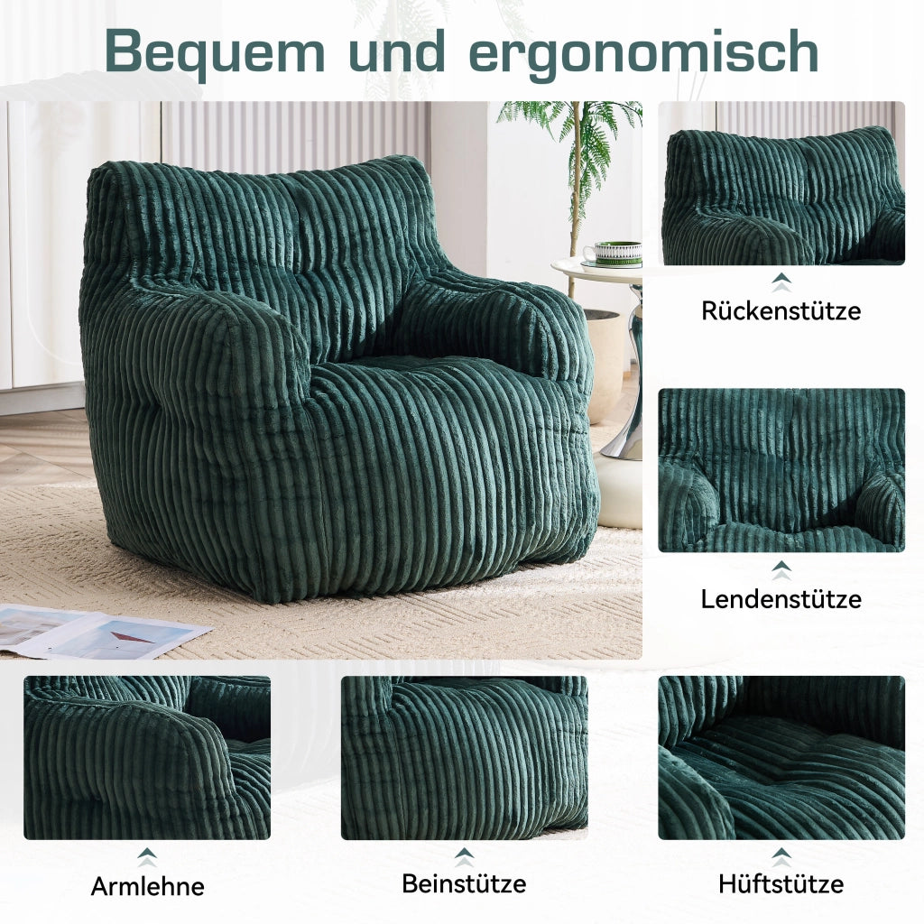 Fauteuil pouf in velluto a coste con imbottitura in fiocchi di memory foam per interni, verde 100 × 94 × 70 cm