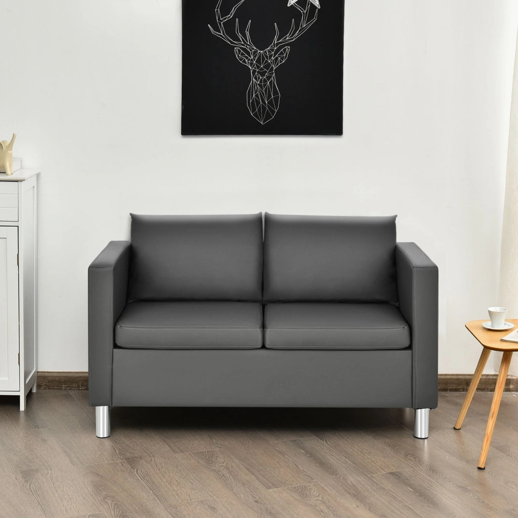 Divano con cuscino morbido e gambe in legno di gomma, Divano moderno a 2 posti in similpelle PU, Grigio-Divani