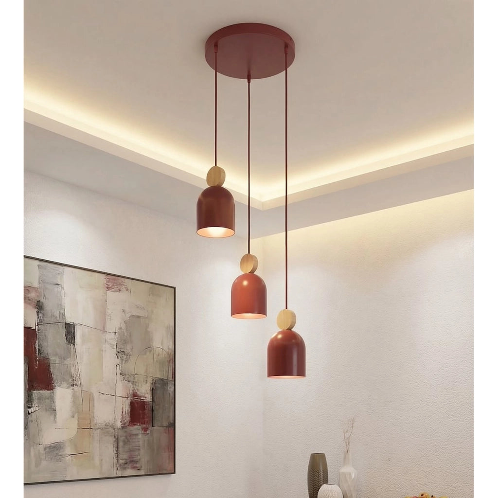 Lampada a sospensione MESI in acciaio bordeaux e legno
