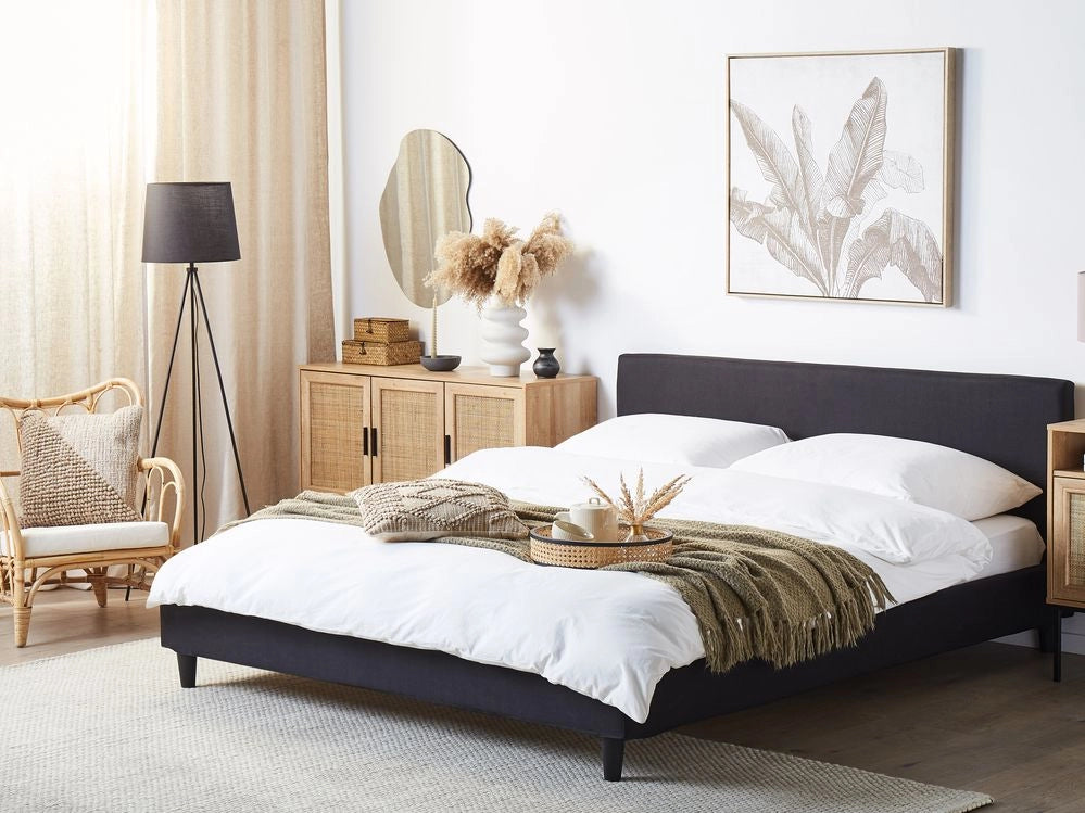 Letto 180 x 200 cm con rete a doghe in tessuto Nero con LED bianco contemporaneo