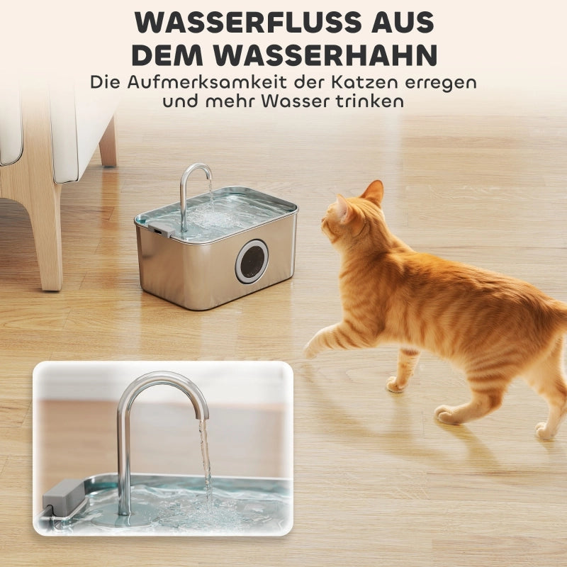 Fontana per gatti in acciaio inox 304 con beccuccio a cascata, filtro, luce LED blu e finestra dell'acqua argento