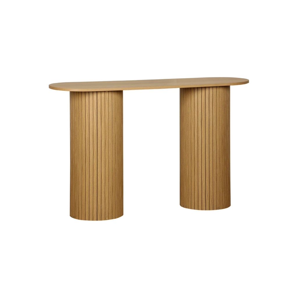 Consolle ovale scandinava con effetto legno scanalato, 120cm, marrone