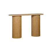 Consolle ovale scandinava con effetto legno scanalato, 120cm, marrone