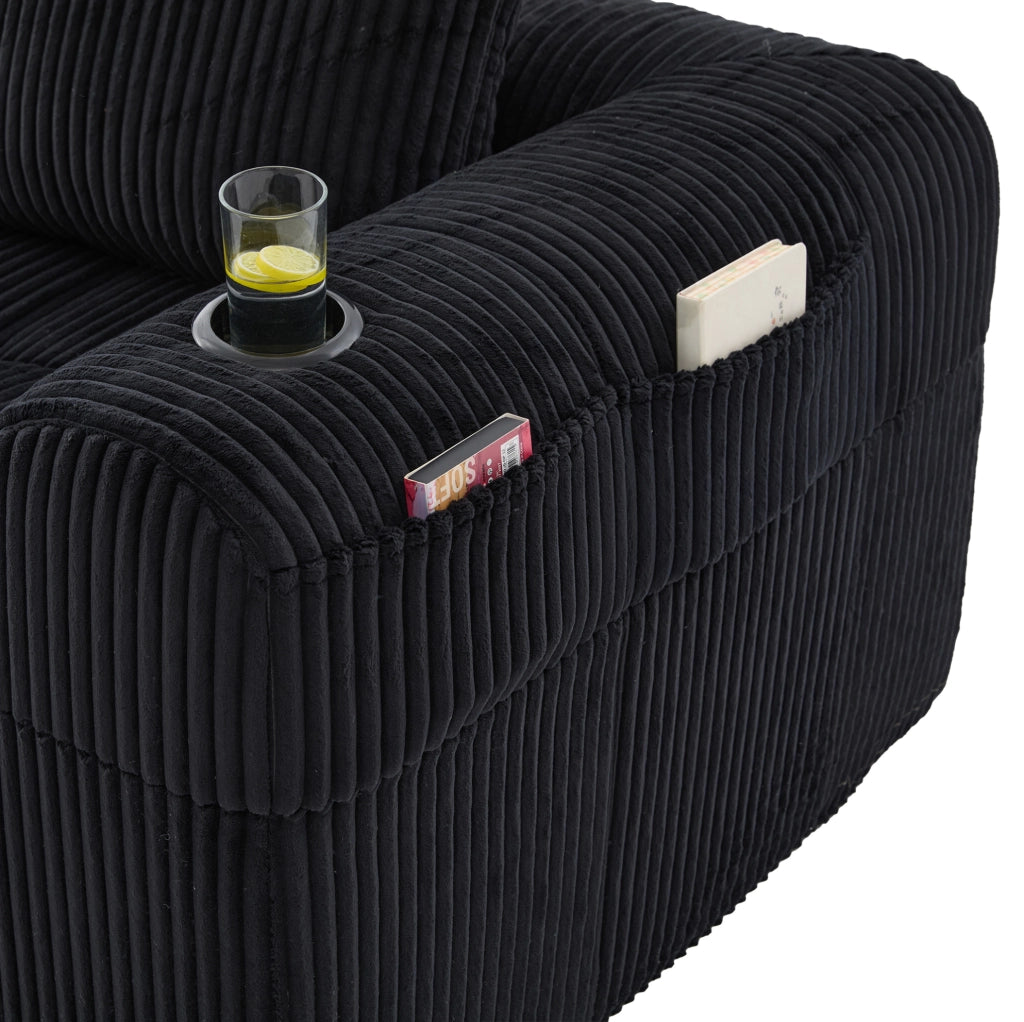 Sofa modulare in corduroy nero con tasche laterali e portabicchieri; 253 x 158 x 61 cm