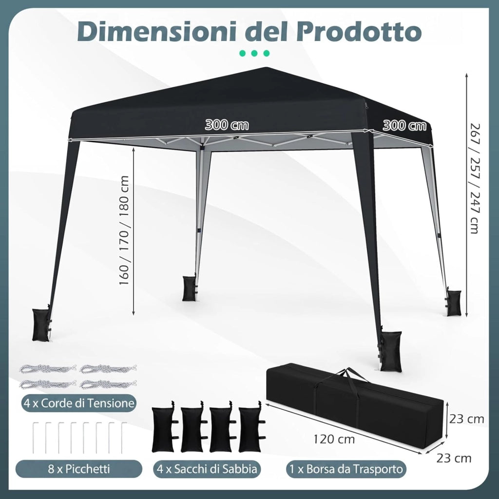 Gazebo da Giardino 3 x 3 M, Tendone Parasole con Telo Impermeabile e Resistente, Sacchi di Sabbia, Pieghevole, Portatile e Altezza Regolabile, per Esterno, Mercati, Fiere e Campeggio (Nero)
