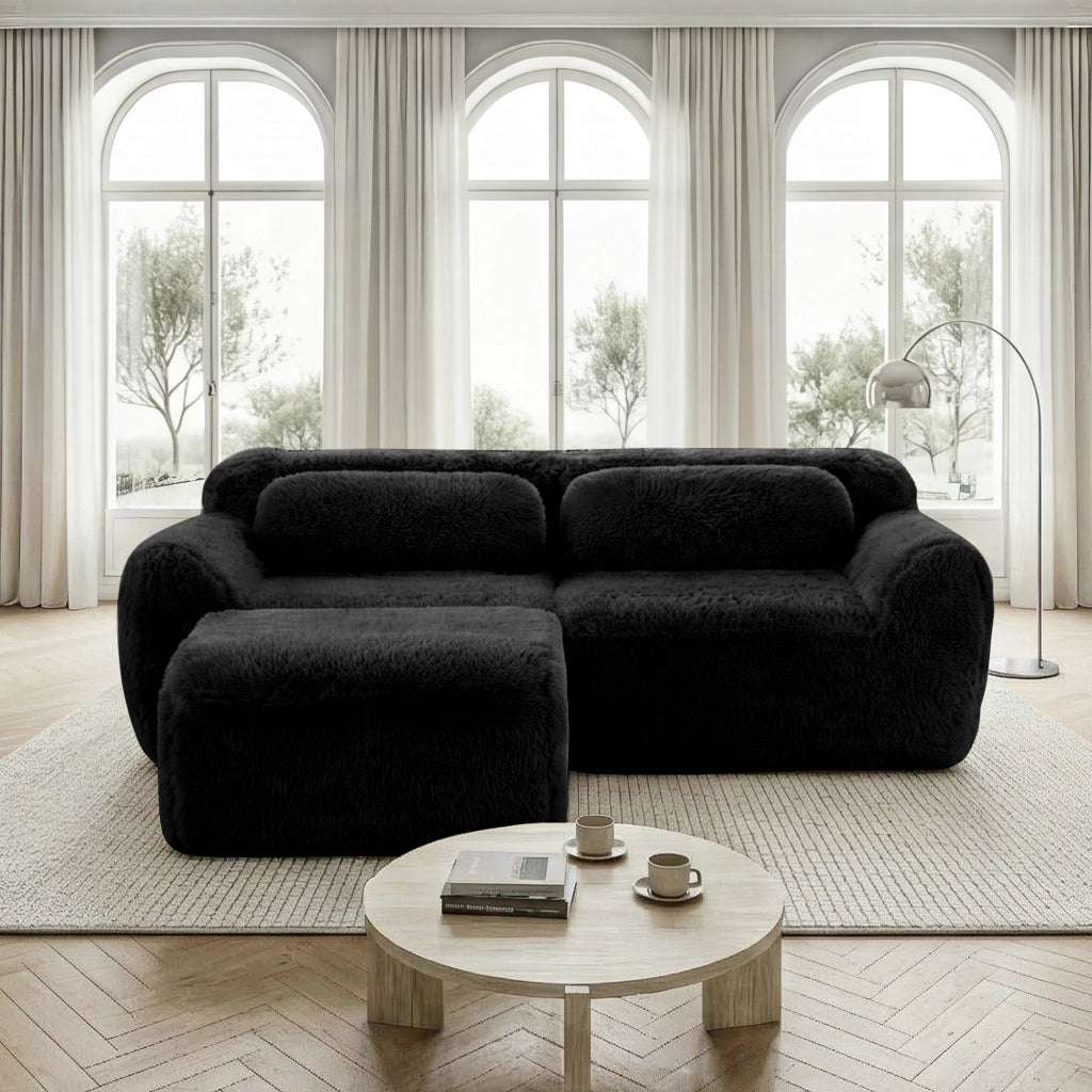 OKWISH Divano Angolare 2 Posti Modulare, Forma Avvolgente con Ottomana Collegabile e Cuscini, Peluche, Nero