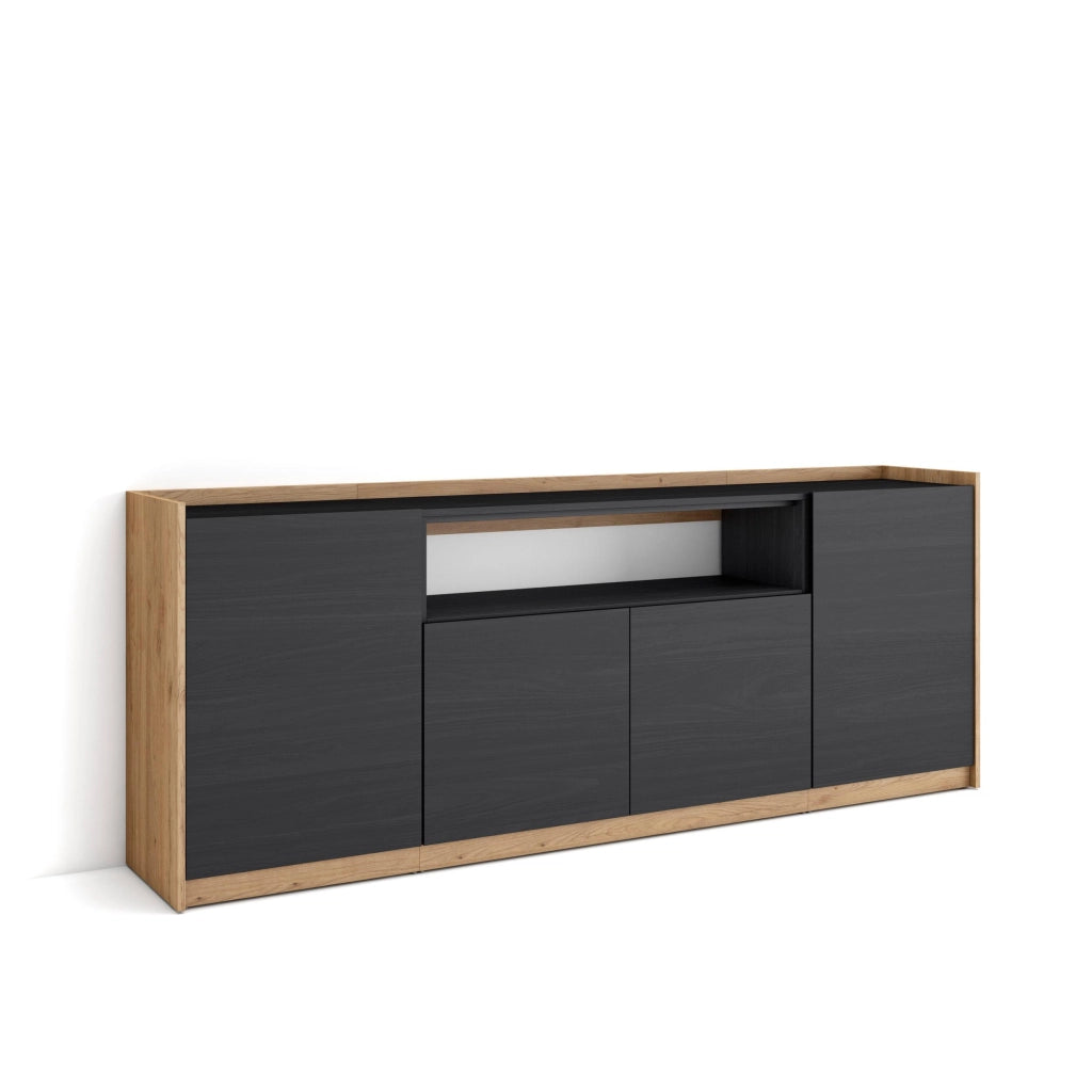 Credenza, Mobile, Cucina, 207x80x37 cm, 4 Porte, grande stoccaggio, Nero e rovere