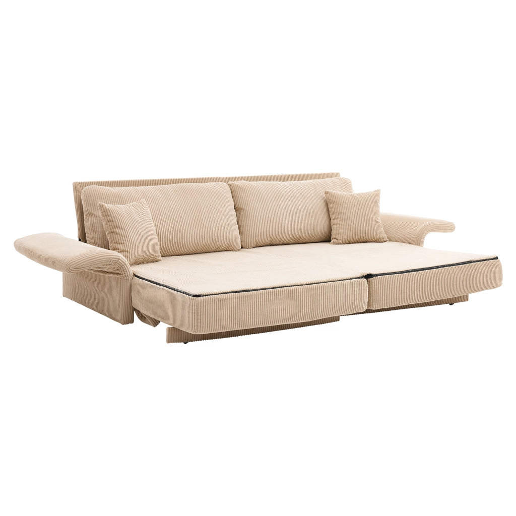 Divano letto 2 posti trasformabile con imbottitura in schiuma e braccioli in legno, velluto a coste beige