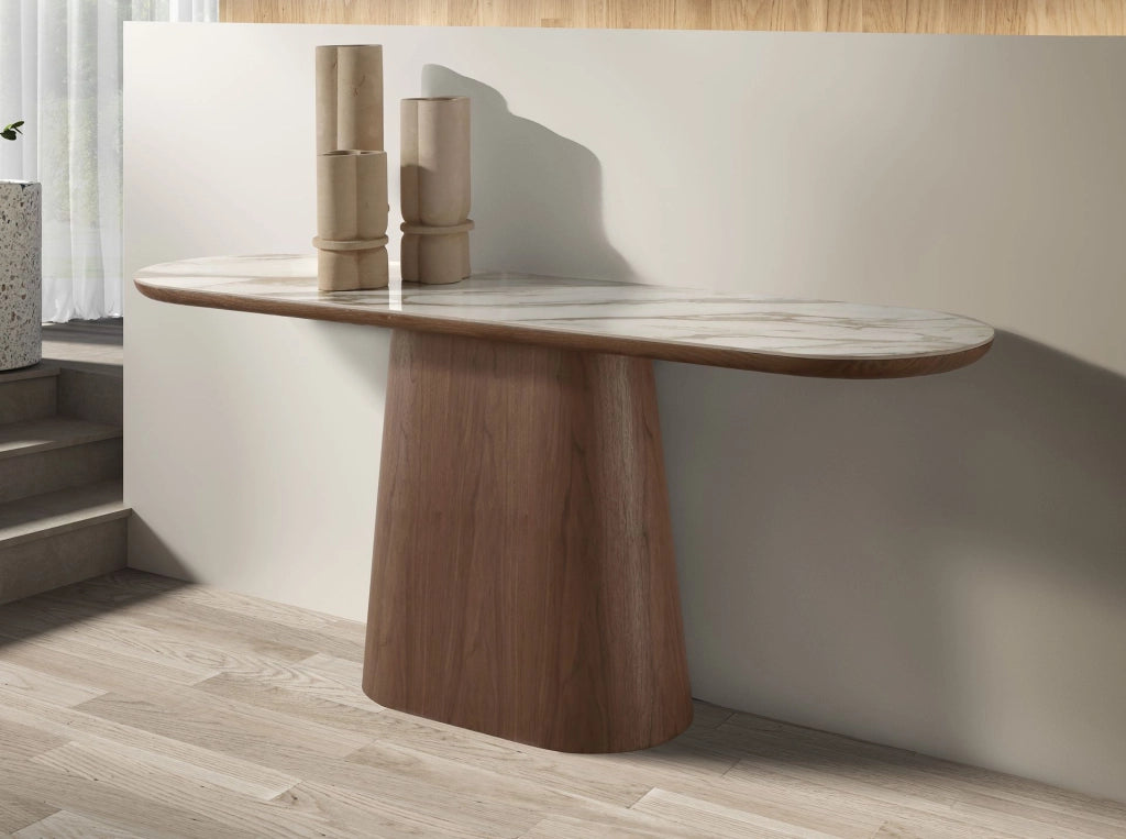 Consolle ovale semicircolare in marmo porcellanato e noce