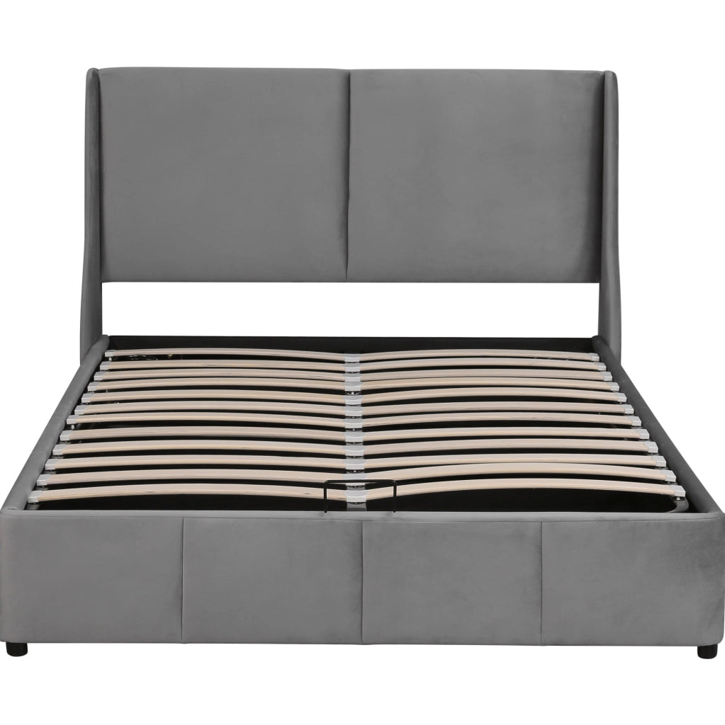 Letto contenitore 140x190 cm; testiera a orecchie; velluto grigio (Senza materasso)