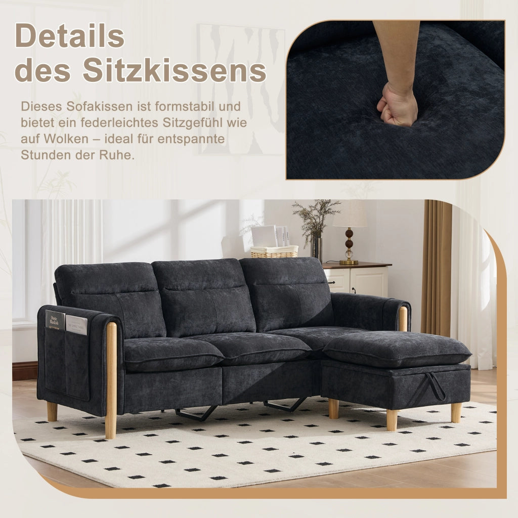 Divano angolare modulare a tre posti con pouf contenitore e tasche laterali in ciniglia nero 201 × 77 × 86 cm