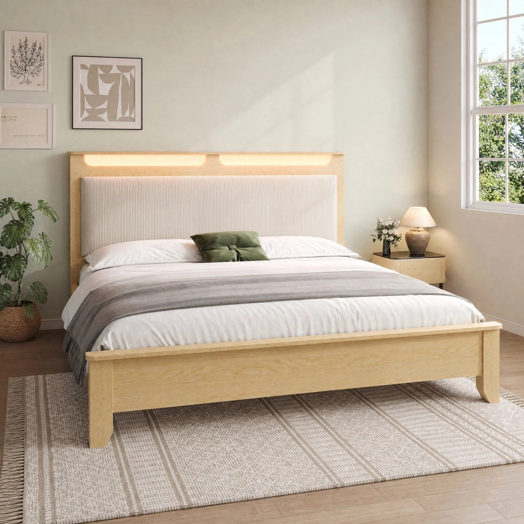 Letto matrimoniale 160x200 cm in effetto rovere chiaro e corduroy beige con LED e contenitore