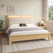 Letto matrimoniale 160x200 cm in effetto rovere chiaro e corduroy beige con LED e contenitore