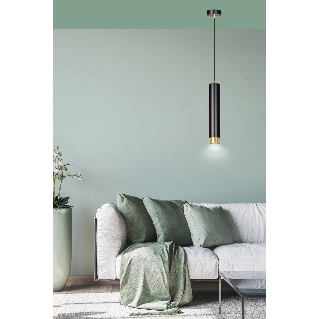 Sospensione 1 Luce Brunilde In Acciaio Nero Con Tubolare In Nero E Oro
