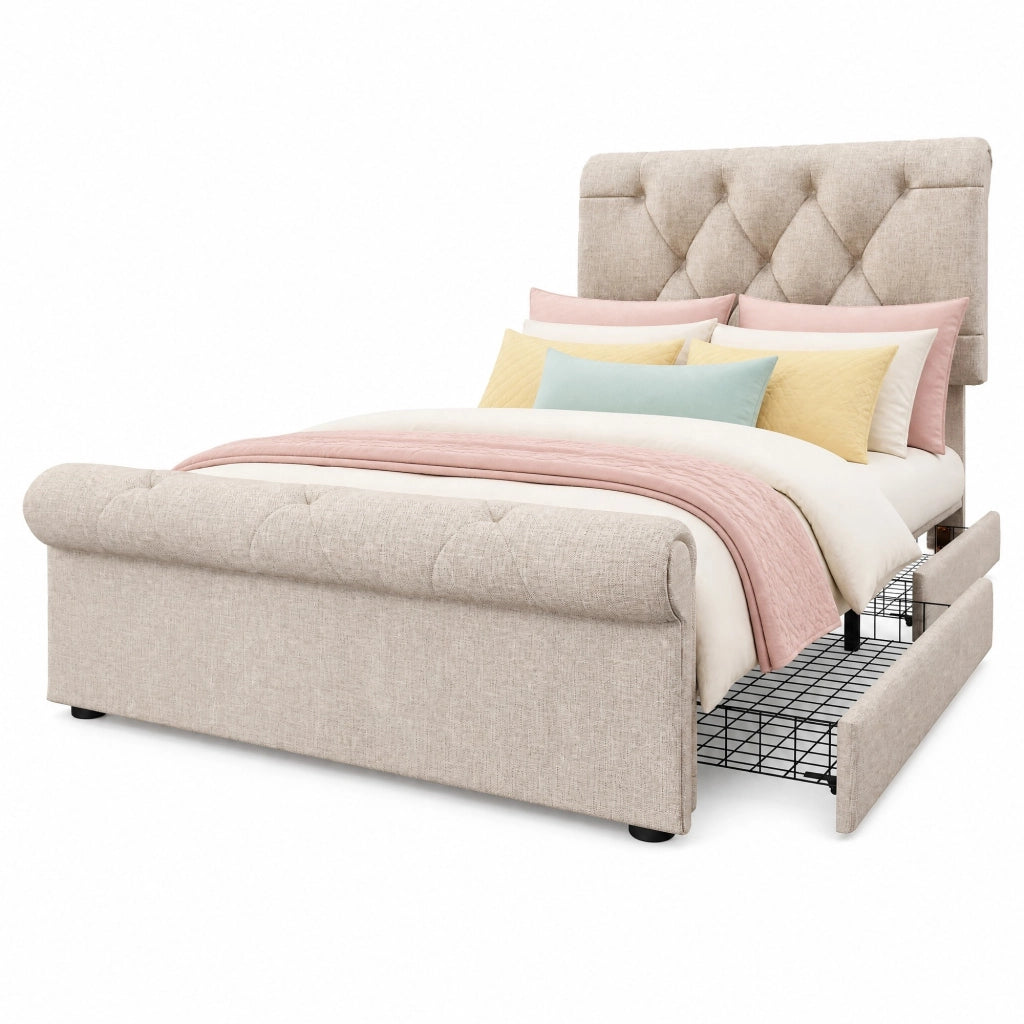 Letto singolo imbottito 90x200 cm con materasso, 2 cassetti, testiera regolabile, colore naturale