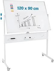 Lavagna Bianca Mobile 120 x 90 cm, Lavagna Magnetica Cancellabile a Secco con Pannello Forato, Cavalletto e Ruote,Doppia Faccia Altezza Regolabile, Accessori Completi (Bianco)