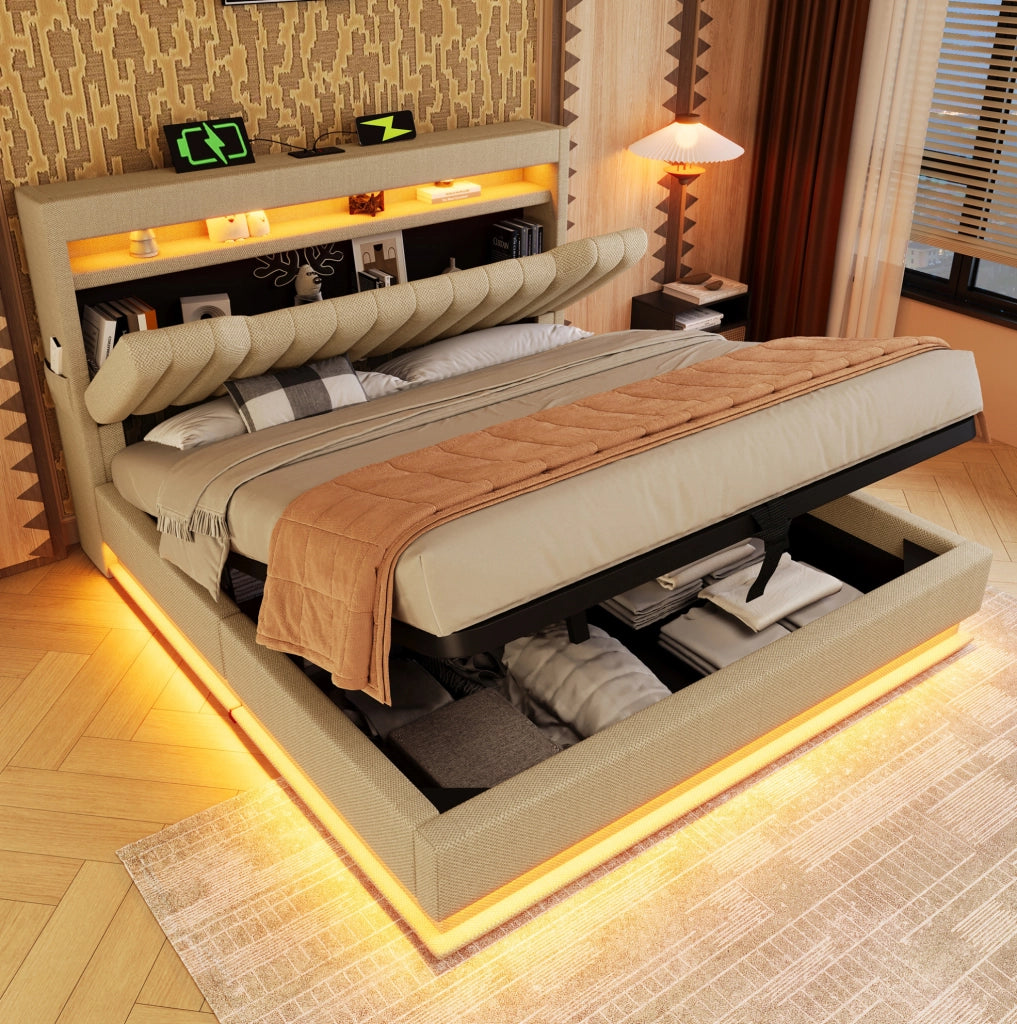 Letto con testiera contenitore; LED; USB e Type-C; 160x200 cm; lino beige; con materasso
