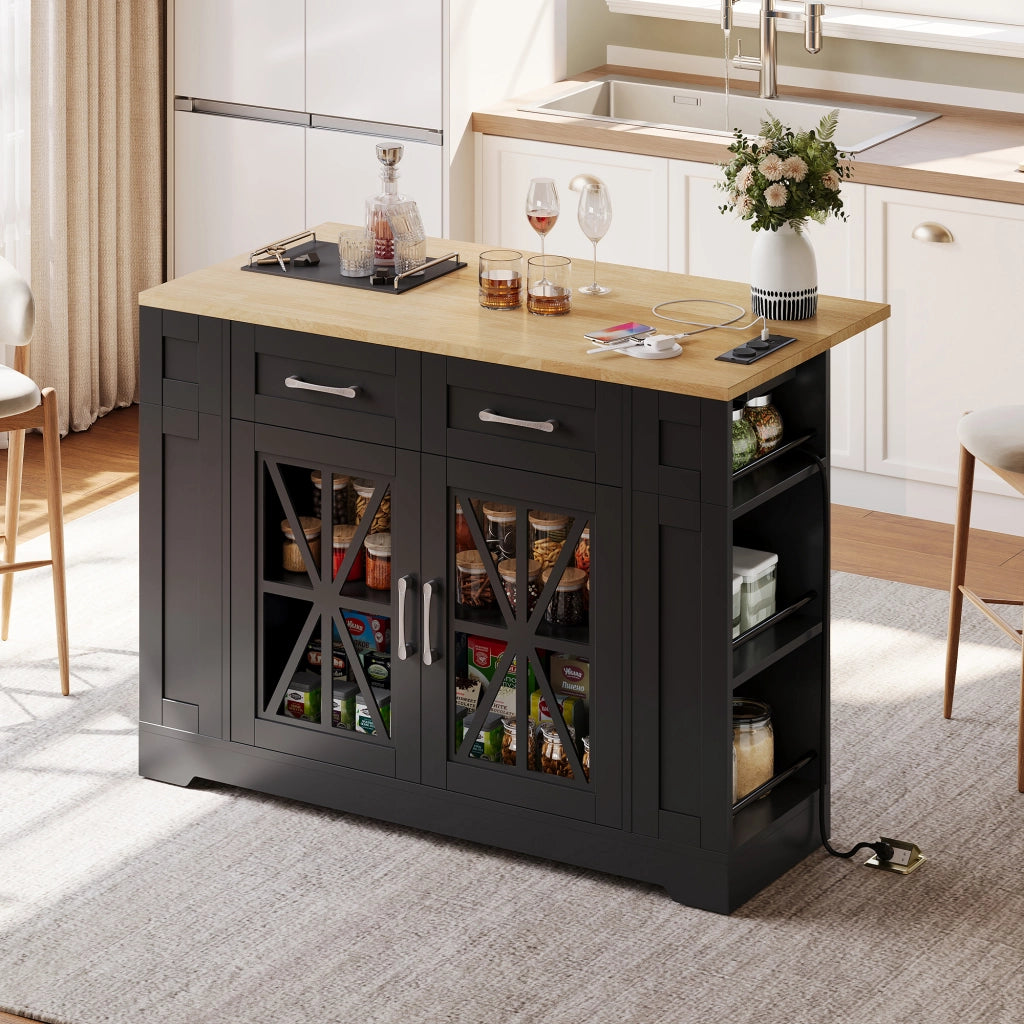 Carrello da Cucina con 2 Ante in Vetro; 6 Ripiani Aperti; Tavolo Ribaltabile; Prese AC e USB; 120x40x92 cm