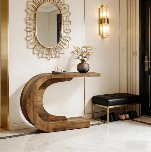 Tavolo consolle a C 110 x 35 x 75 cm in legno marrone rustico