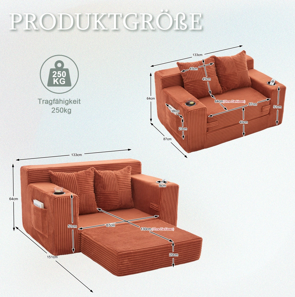 DIVANO Pouf 151x133x64 cm in velluto a coste arancione con 2 cuscini