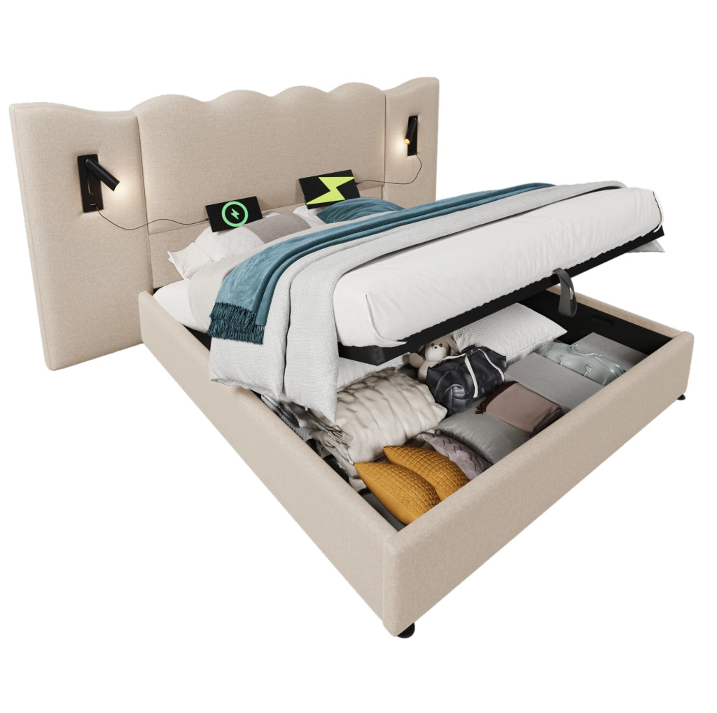Letto matrimoniale imbottito 180x200 cm in lino beige con lampada da lettura e porta USB/Type-C; contenitore