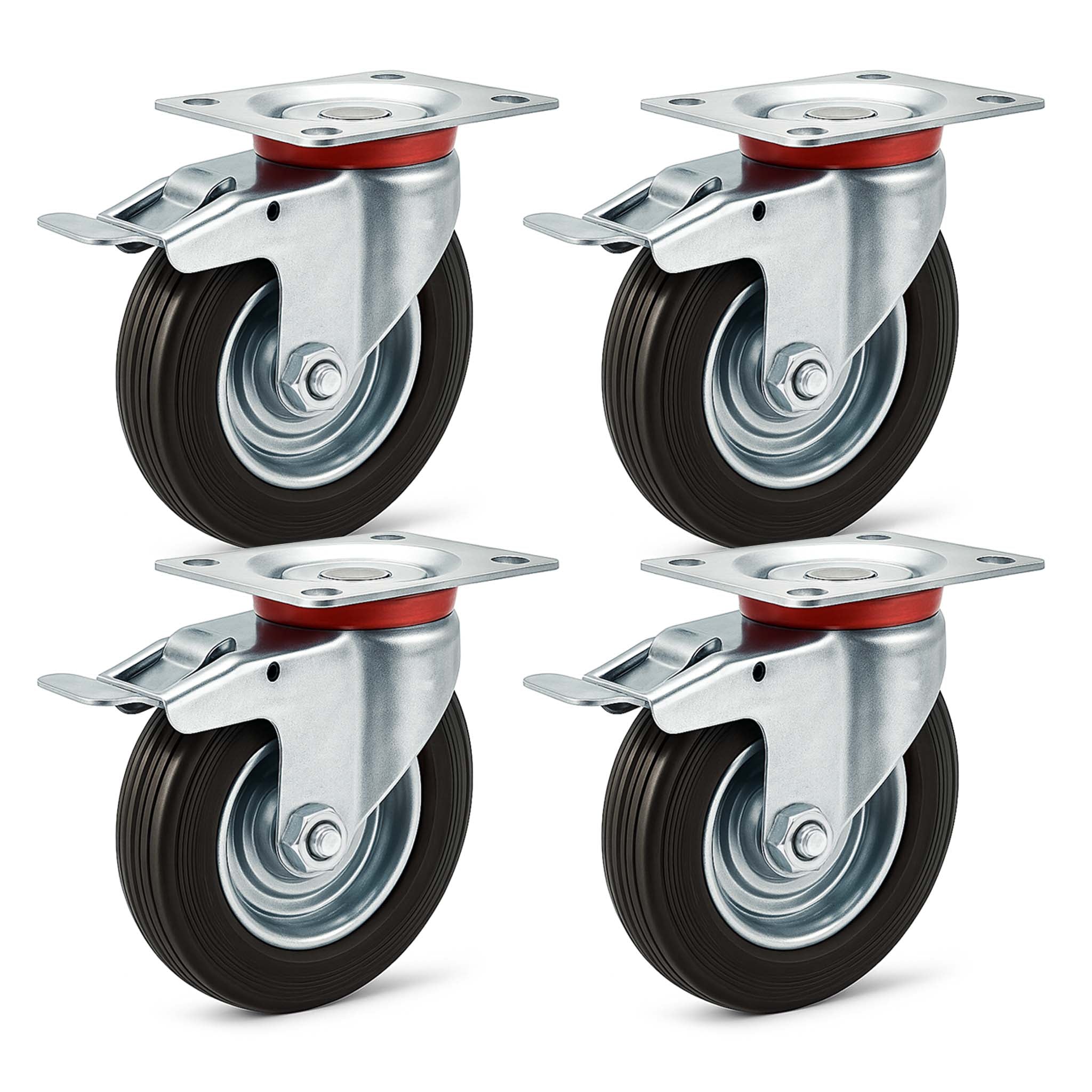 Set 4 ruote piroettanti, freno doppio blocco, Rotella 100mm max 70kg, metallo e gomma piena