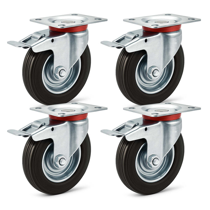 Set 4 ruote piroettanti, freno doppio blocco, Rotella 100mm max 70kg, metallo e gomma piena