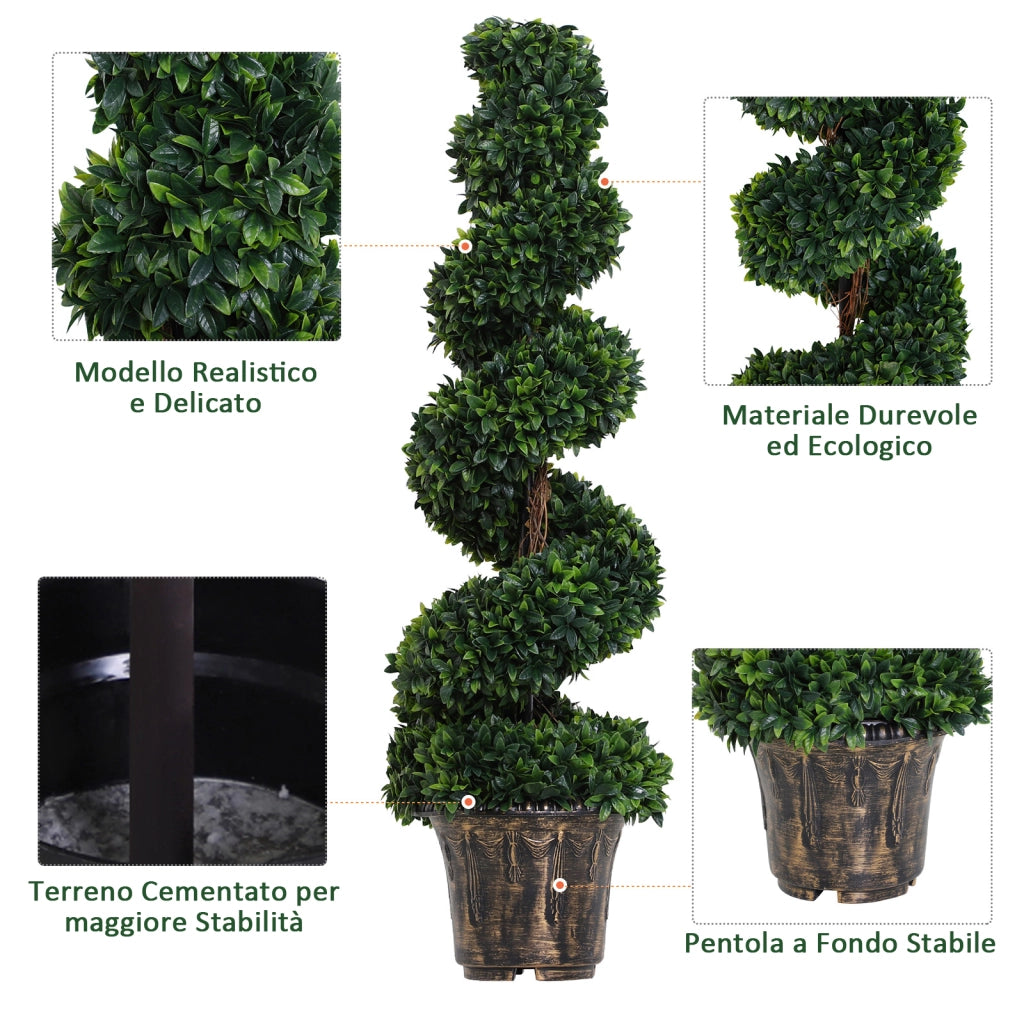 Set 2 Piante Artificiali di Bosso a Spirale per Interni ed Esterni con Vaso. ?32x120 cm. Verde