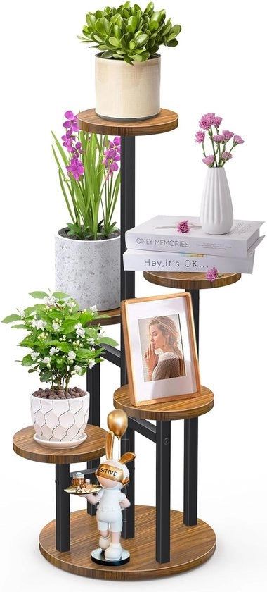 Supporto per piante in legno, supporto per fiori a 4 livelli, piatto per piante, angolo, metallo, interno ed esterno per più piante, soggiorno, angolo, esterno, balcone, giardino, nero