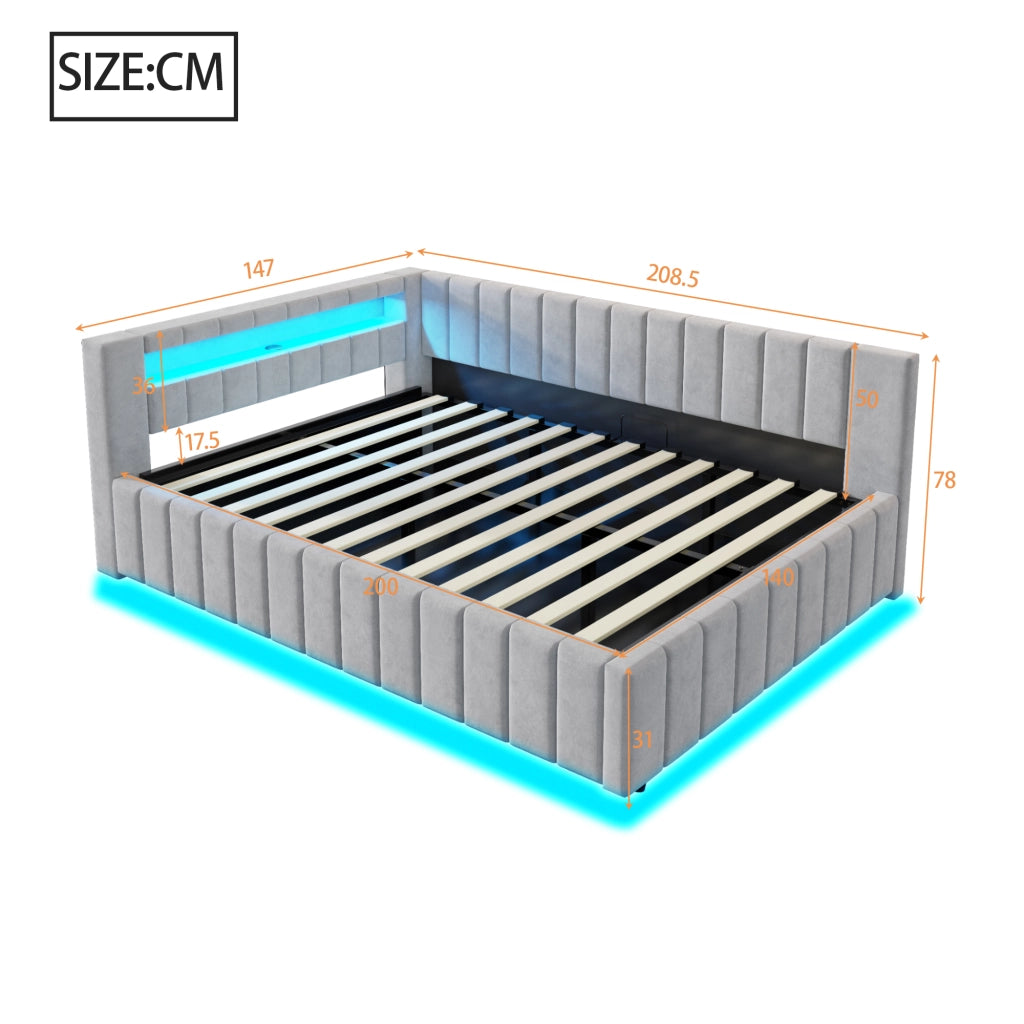 Letto imbottito 140x200 cm con contenitore idraulico, LED, USB, testiera e schienale in velluto grigio