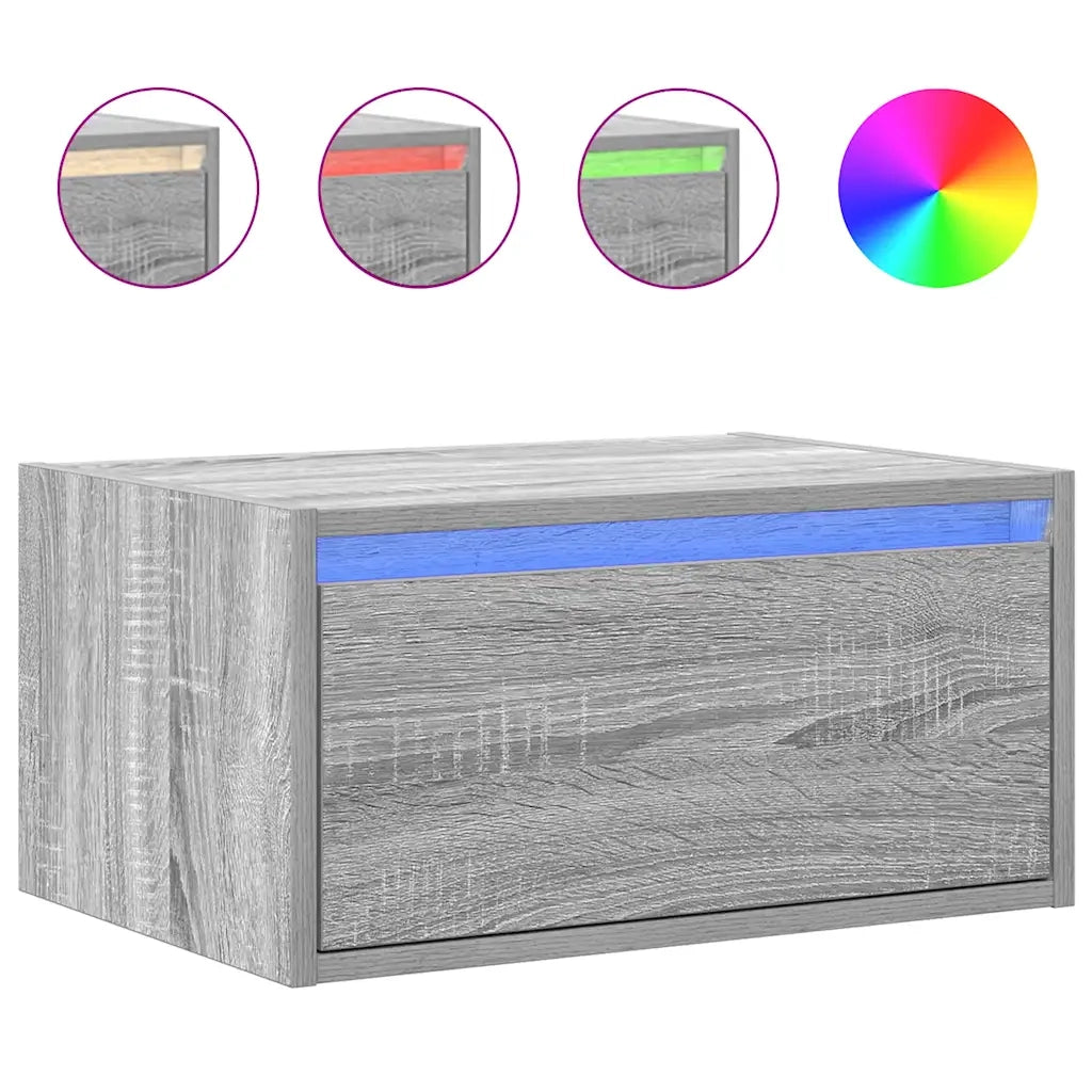 Set di 2 Comodini | Armadio da Notte | Mobiletto da notte a Parete con luci LED Grigio Sonoma