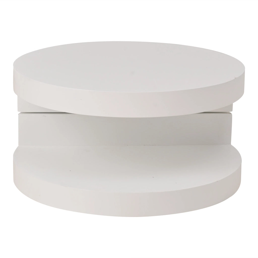 Tavolino basso rotondo girevole con LED e doppio ripiano in MDF bianco diametro 70 × 35,5 cm
