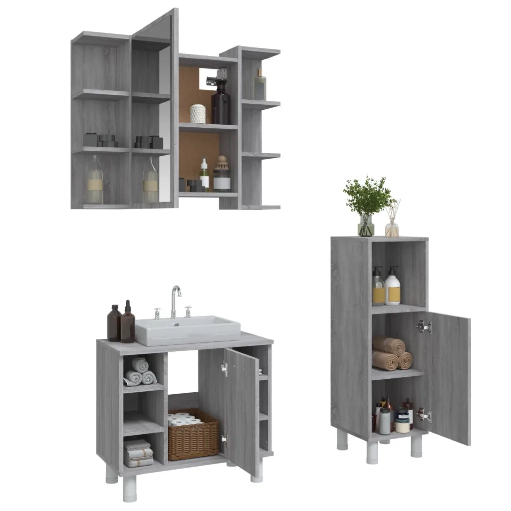 Set Mobili da Bagno 3 pz Grigio Sonoma in Legno Multistrato 3187610