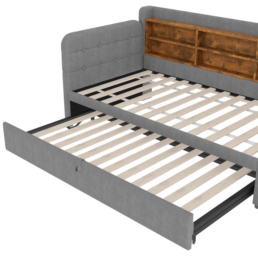 DESMIU Letto estraibile 90 × 200 cm e 180 × 200 cm 1 piazza con USB, Type-C e vani, senza materasso, grigio