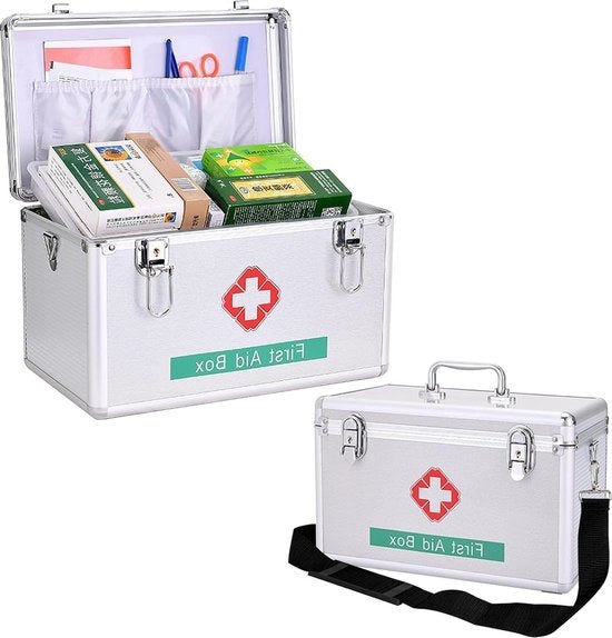 Organizzatore medico a doppia altezza con manico e cinturino di alluminio ABS - argento - portatile - scomparti ampi