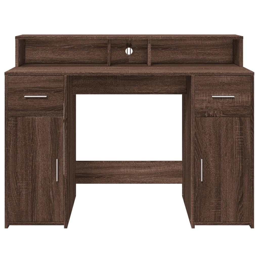 Scrivania tavolo postazione di lavoro mobile per computer studio e luci a LED legno ingegnerizzato di rovere marrone 02_0023795