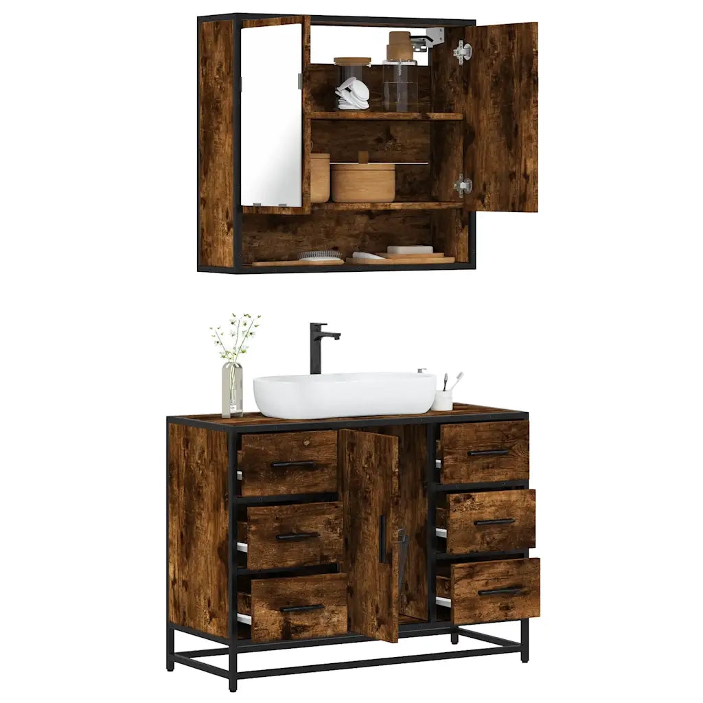 Set Mobili da Bagno | Armadio da bagno 2 pz Rovere Fumo in Legno Multistrato
