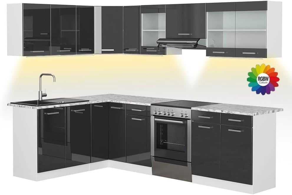 Cucina angolare completa Rick, Antracite lucido, 167 x 60 cm, PL Marmo con striscia LED