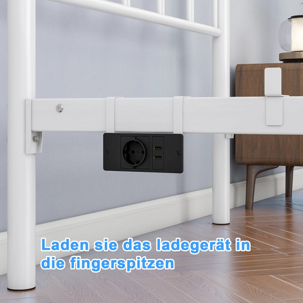 Letto singolo 90 × 200 cm con LED, 2 USB e presa, testiera alta, contenitore sotto letto, senza materasso, bianco