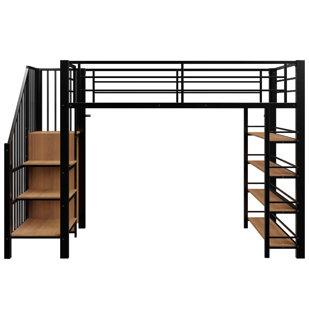 Letto a castello 90x200 cm in ferro con scala di sicurezza, armadio piccolo e ripiani, design con alta barriera, colore nero