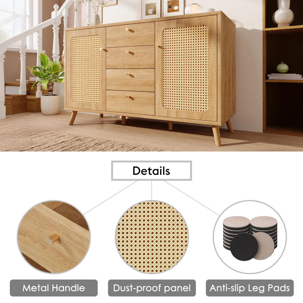 OKWISH Credenza con 2 Ante e 4 Cassetti, Ripiani Regolabili, per Soggiorno Sala da Pranzo Ingresso, 140 x 40 x 86 cm