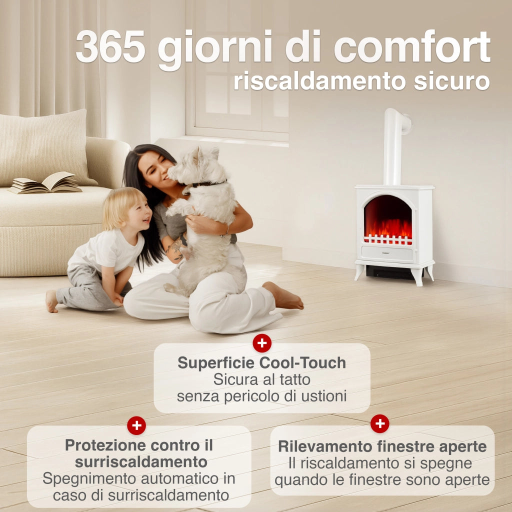 KAMINIO Camino elettrico LENI con tubo di scarico - Camino elettrico con riscaldamento, effetto fiamma 3D - Bianco