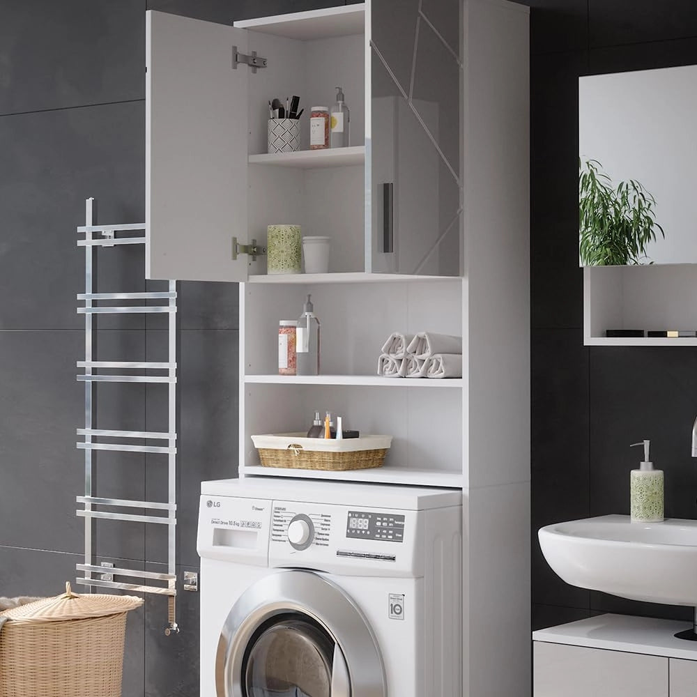 Mobiletto per lavatrice Irma, Bianco lucido, 64 x 190.5 cm, adatto per riporre oggetti e come supporto per lavatrici