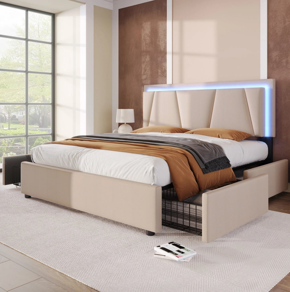 Letto matrimoniale beige 160x200 cm con LED, 4 cassetti e testiera regolabile