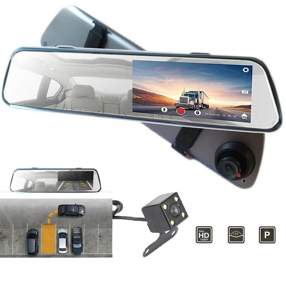 Trade Shop - Specchietto Retrovisore Touch Dvr 4.39" Full Hd Tf Camera Anteriore Posteriore -