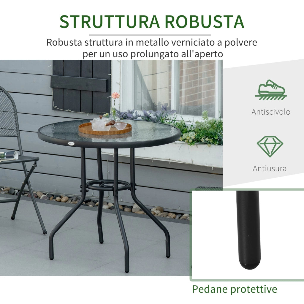 Tavolo da Giardino Rotondo con Foro per Ombrellone e Piano in Vetro, in Metallo, ?80x72 cm, Nero