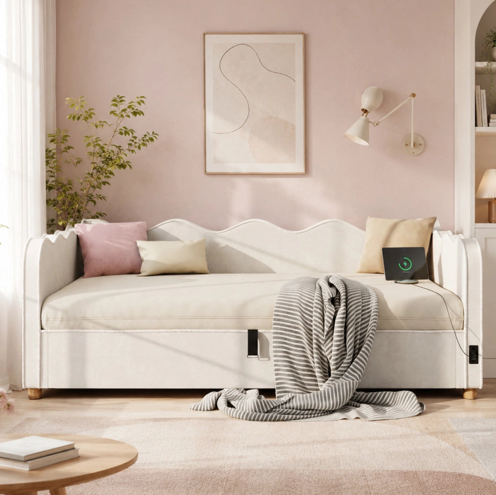 Letto da giorno imbottito 90x200 cm con contenitore idraulico e USB