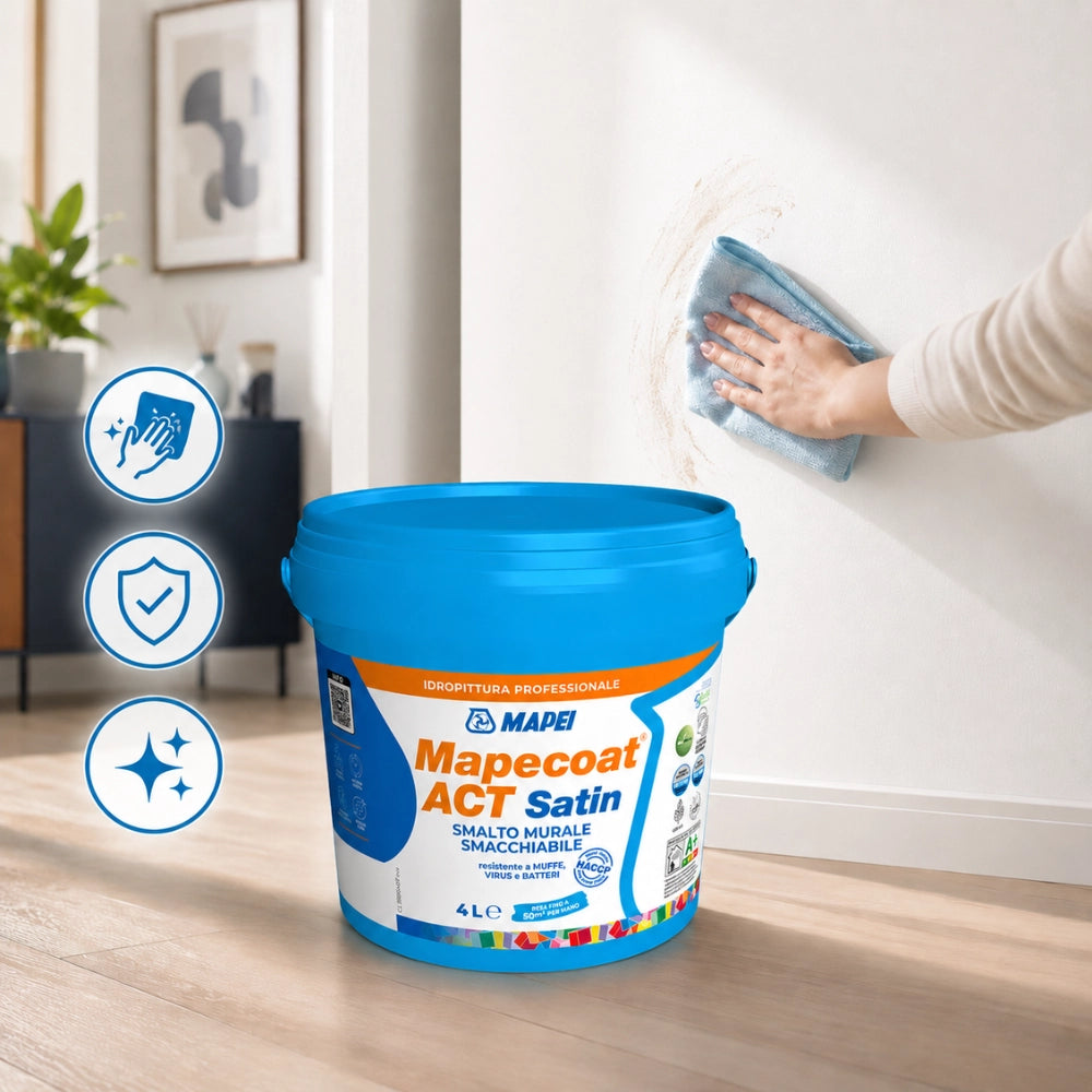 Mapei mapecoat act satin smalto murale lavabile antimuffa e antibatterico *** formato 4 lt, confezione 1