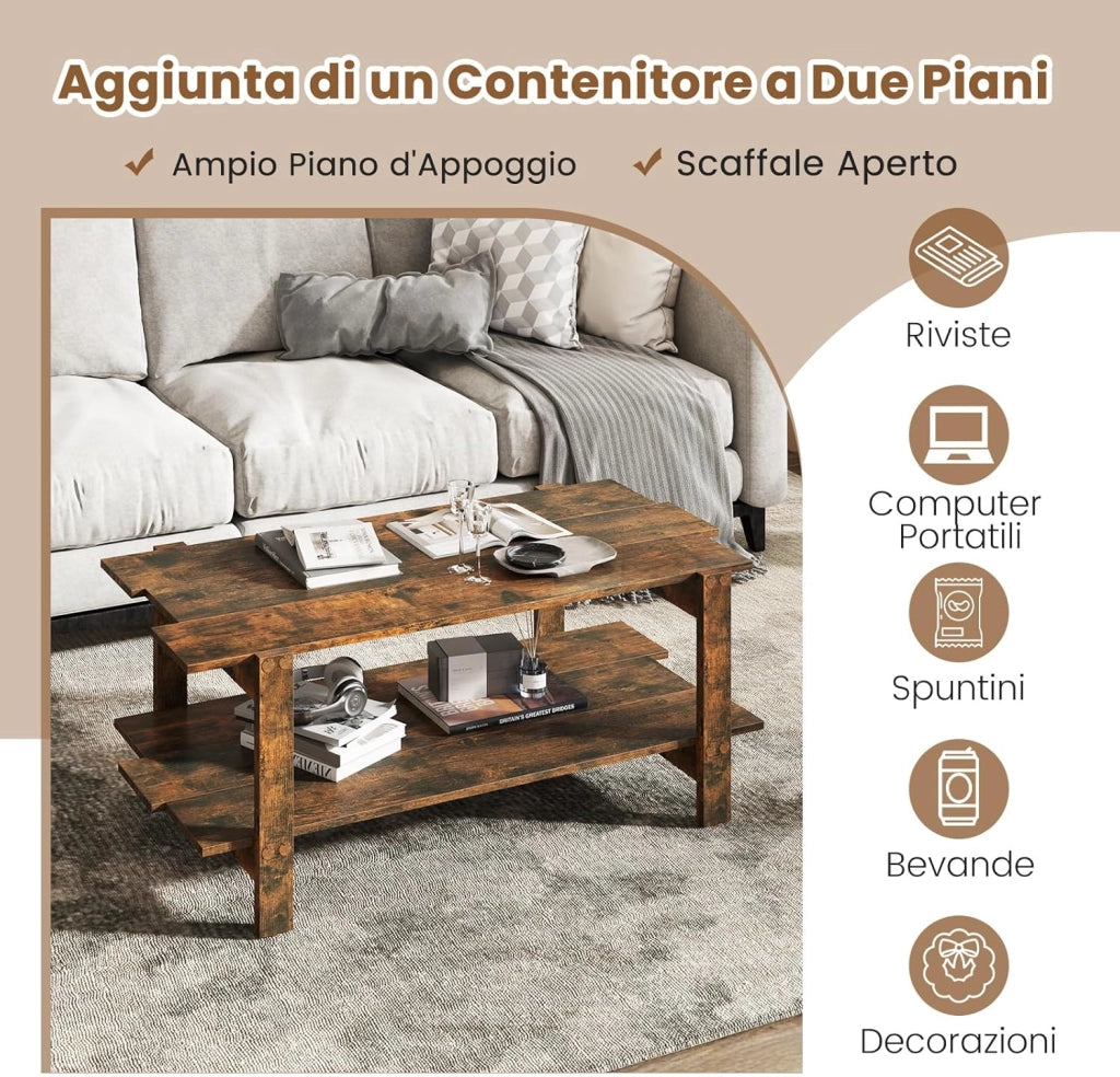 Tavolino da Caffè a 2 Ripiani, Tavolino Rettangolare da Salotto in Legno con Mensola di Stoccaggio, Ideale per Ufficio e Soggiorno, 115 x 59 x 46 cm (Marrone)